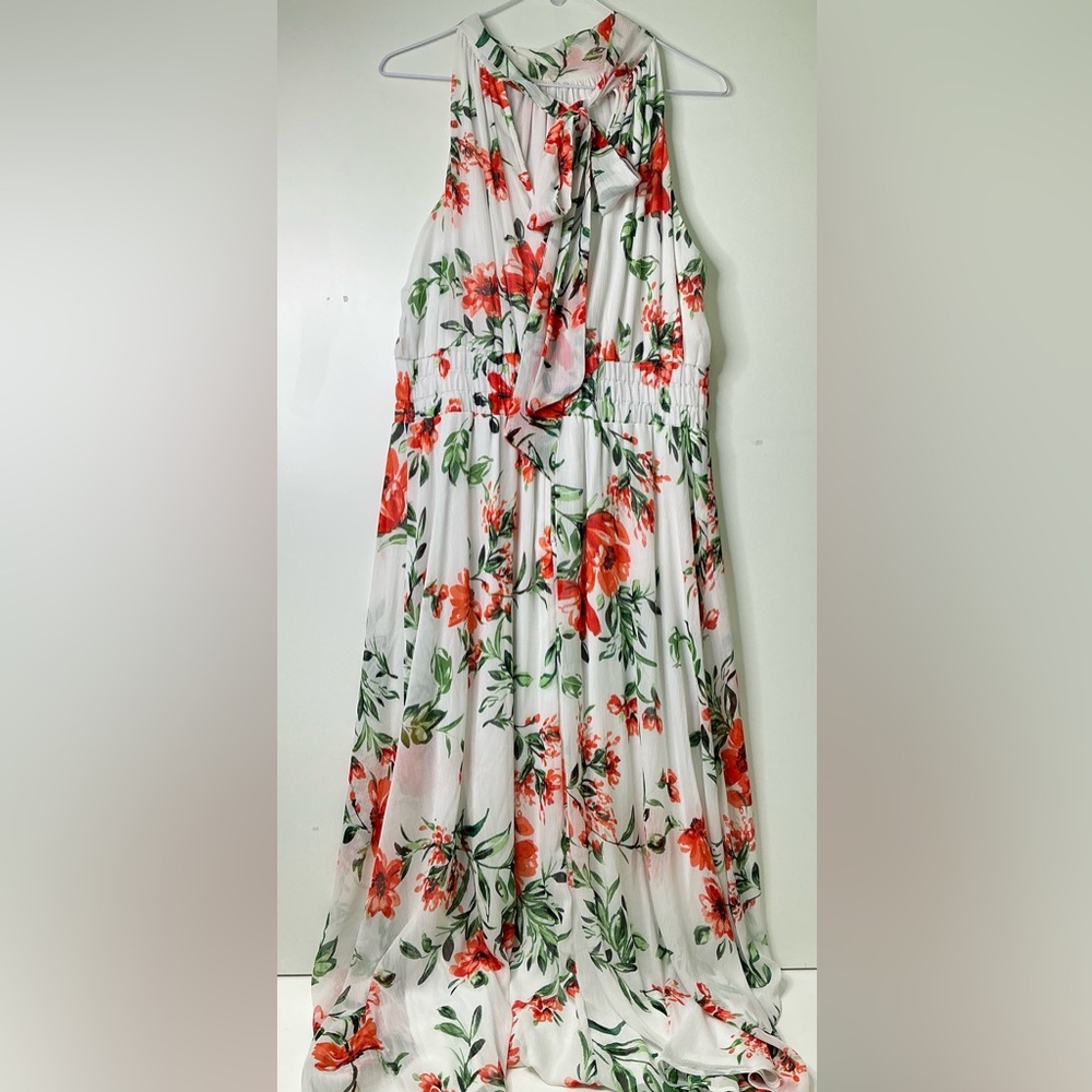 Calvin Klein Halter Floral Chiffon Dress White Red Sz 8 New